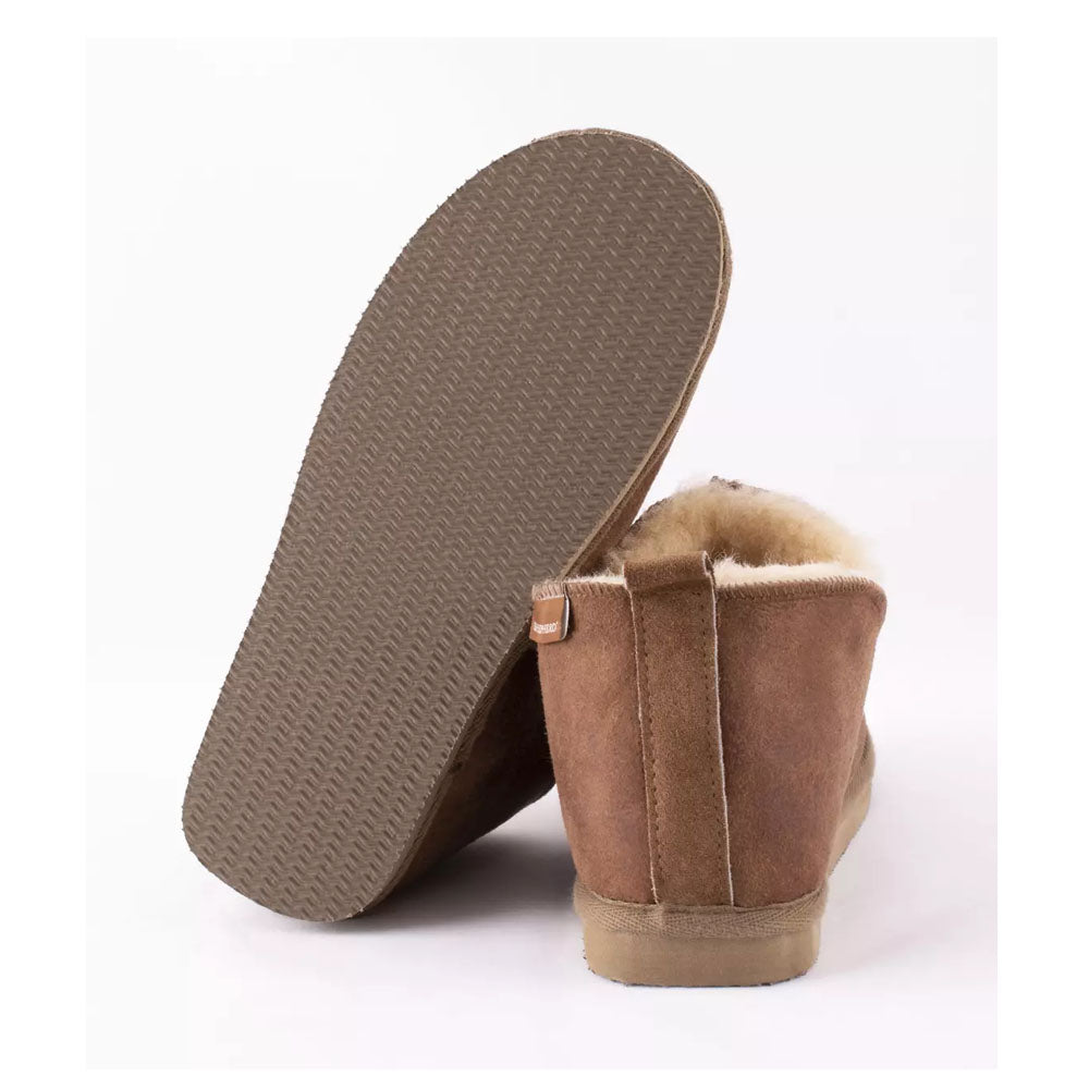Shepherd of Sweden Sheepskin Slippers Annie Boot in Cognac brown Seen here as a pair. Available to buy from our UK independent store. Seen here from underneath