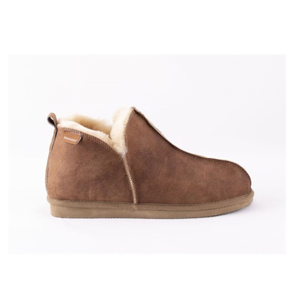 Shepherd of Sweden Sheepskin Slippers Annie Boot in Cognac brown Seen here as a pair. Available to buy from our UK independent store. Seen here as a single boot