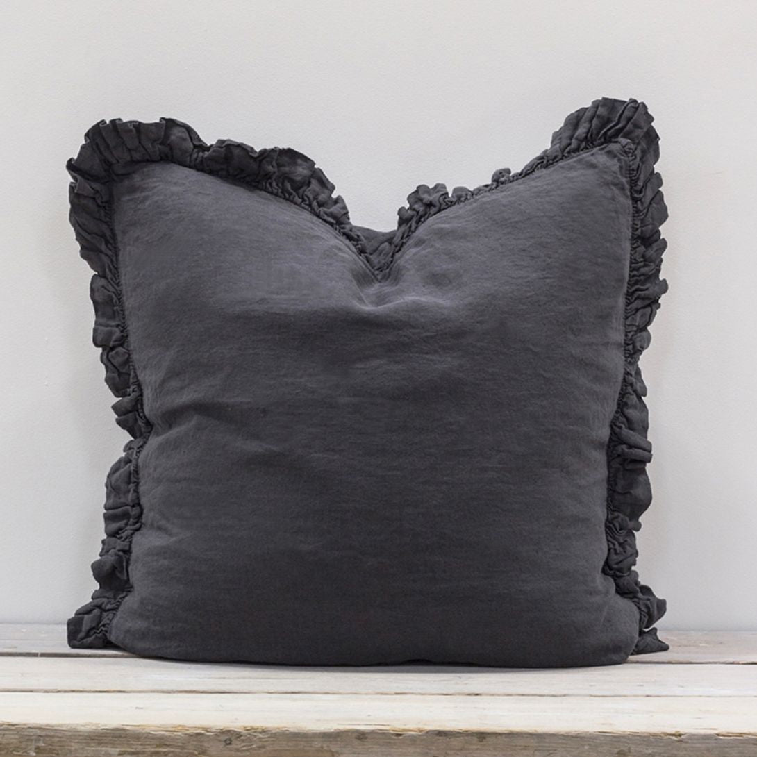 Olivia Linen Ruffle Cushion Slate Grey 65x65cm