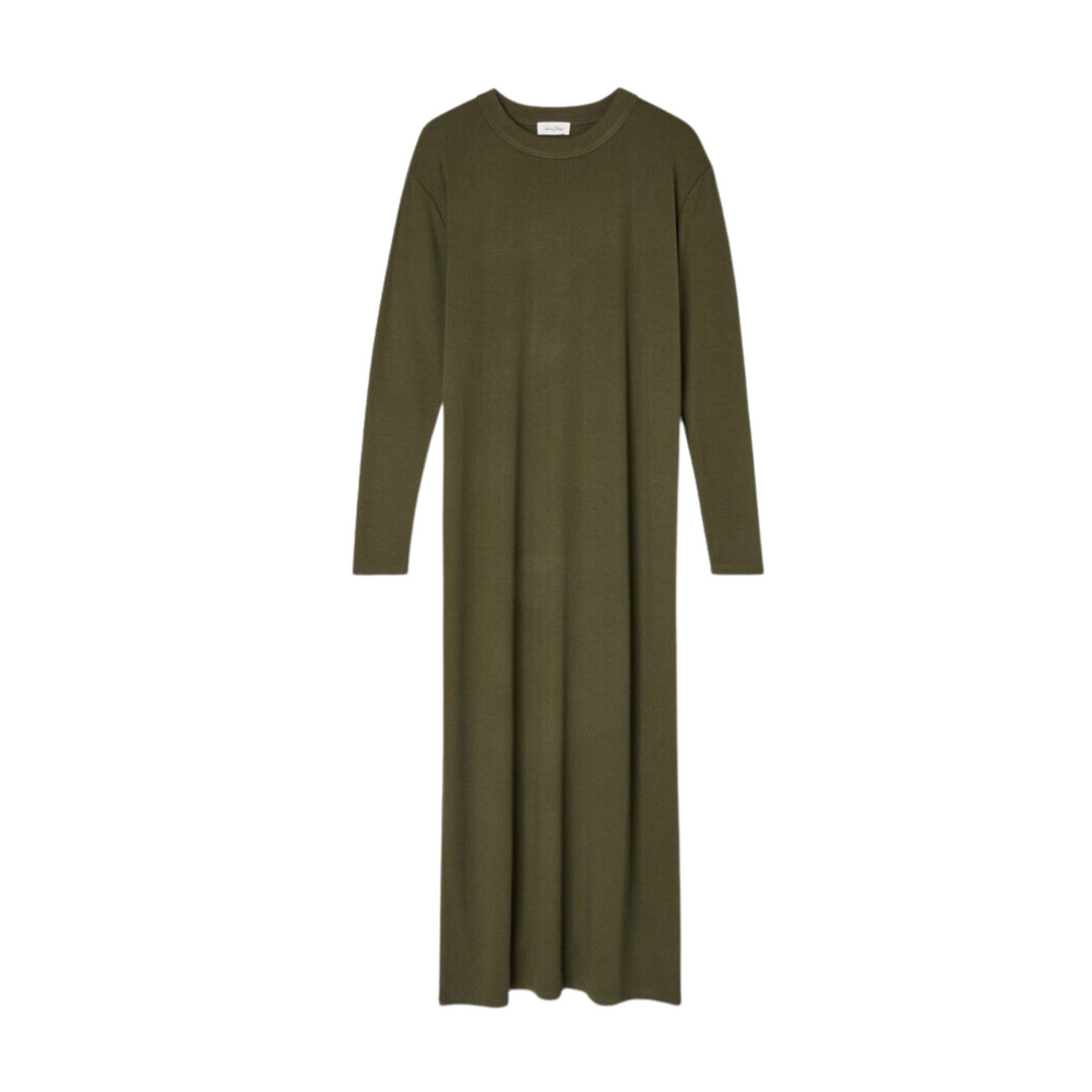 American Vintage Rowlow dress is a jersey dress with round neck and short sleeves.  It is a full length dress and deep khaki colour