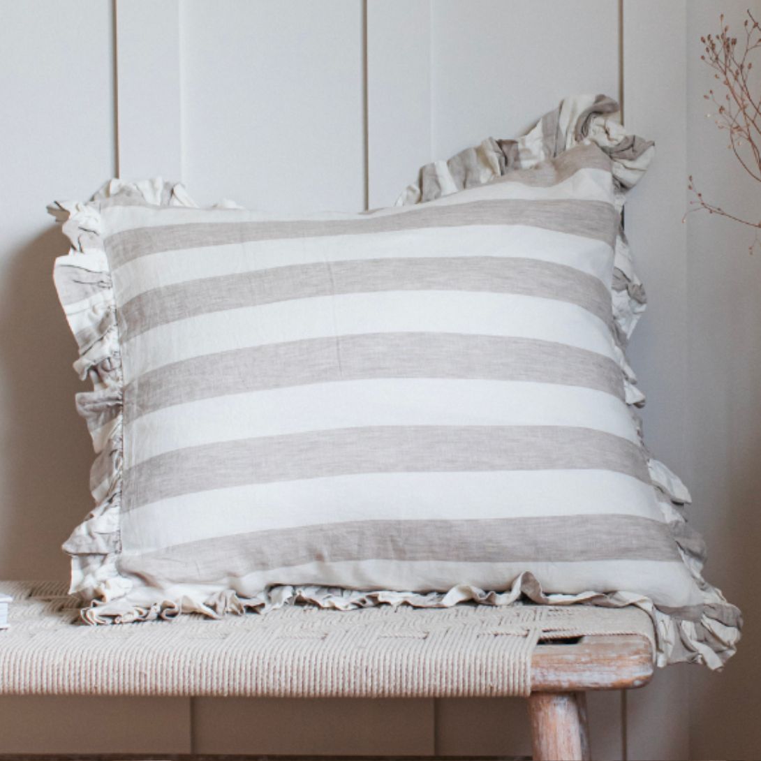 Olivia Linen Ruffle Cushion Natural Stripe 65x65cm