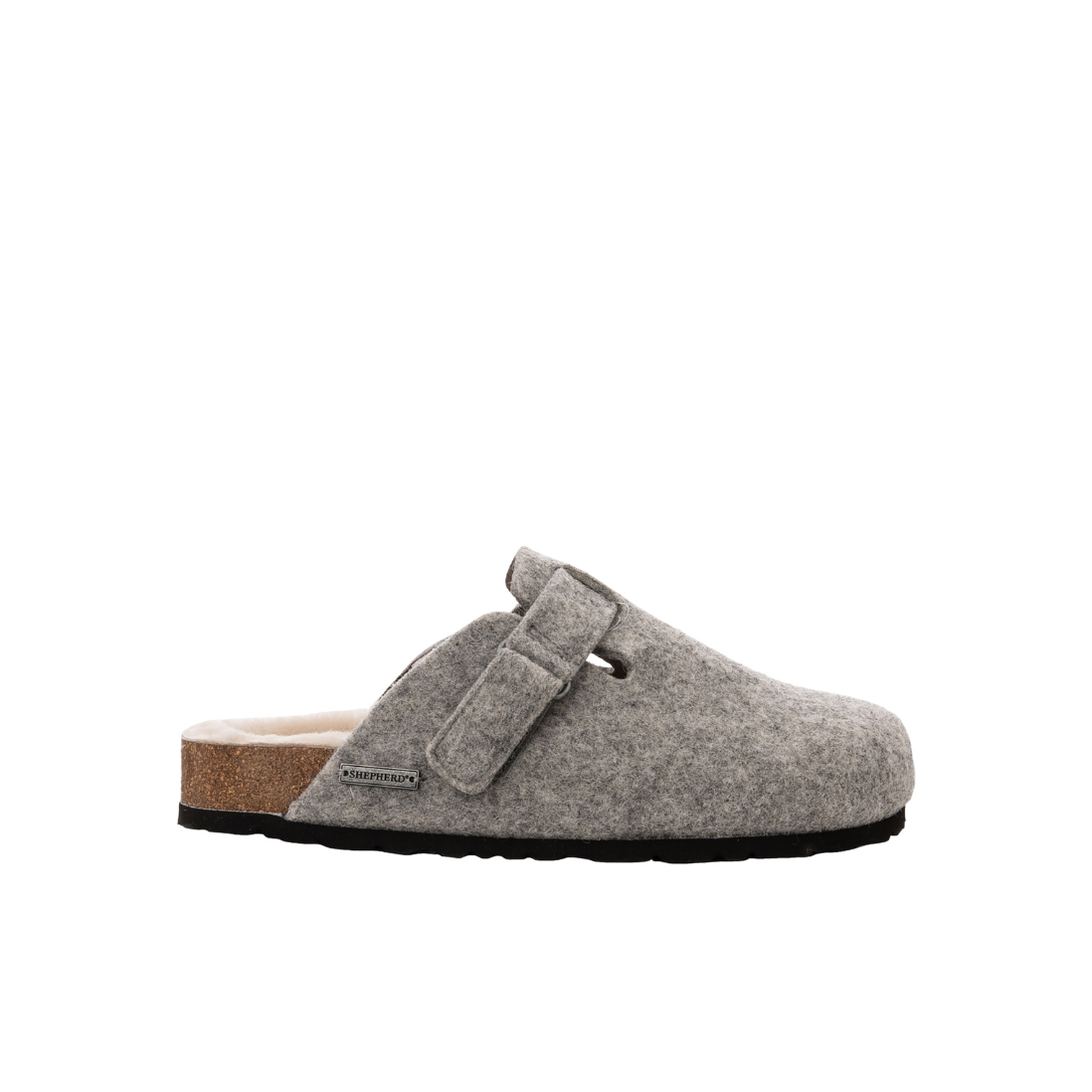 Shepherd of Sweden Hilma Slippers in grey wool. Brand new and available from our UK Independent store.  Seen here as a single slipper