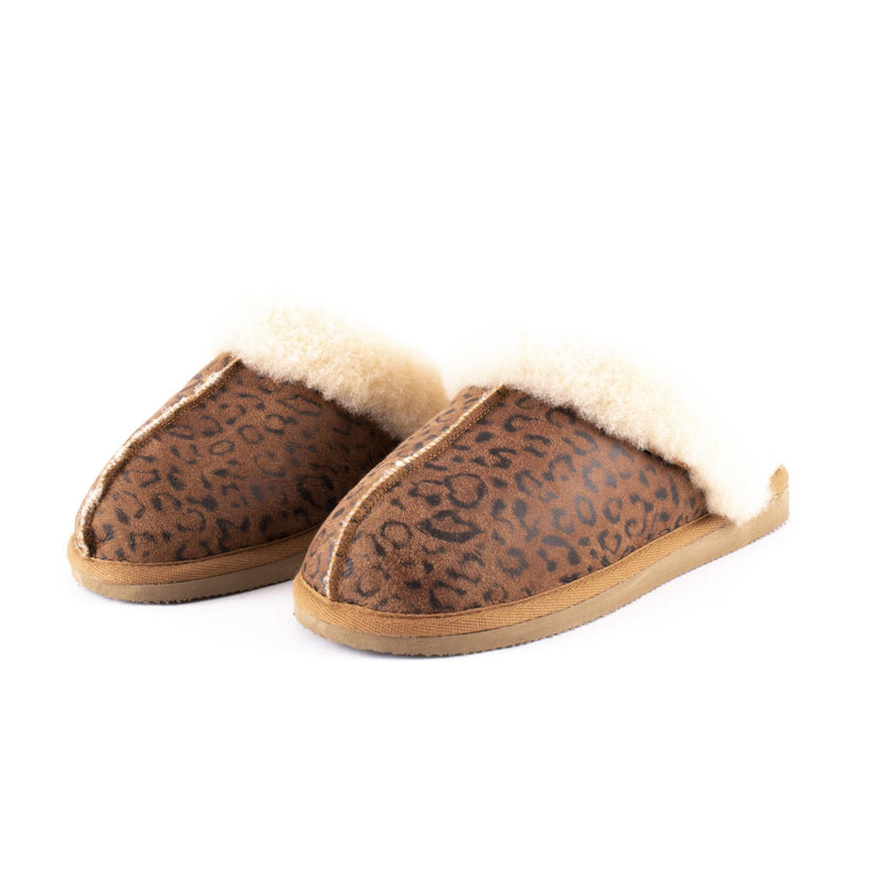 Shepherd of Sweden Sheepskin Slippers in leopard print.  Available to buy from our UK independent store